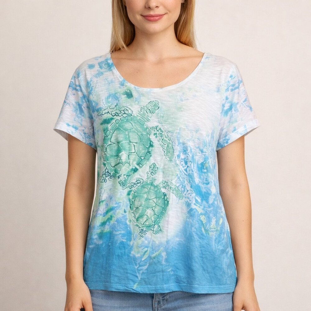 Zenergy Chico's Sea Turtle Blue Green Tropical Women's Tee Size 3 Womens XL